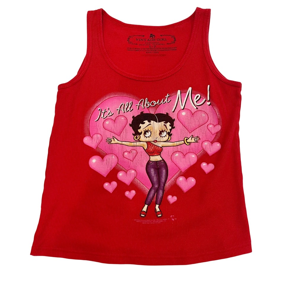 Vintage Girl Betty Boop Red Graphic Tank Top Its All About Me Ribbed Size Small